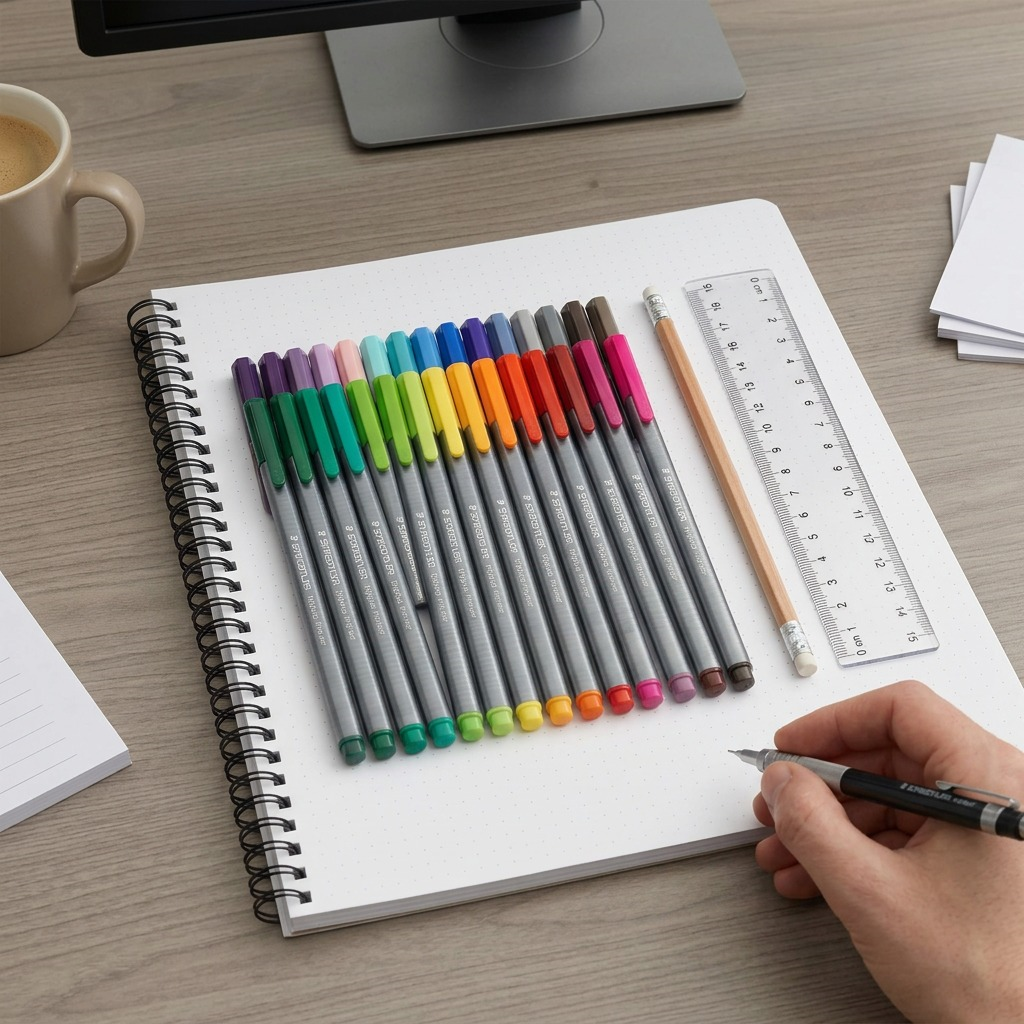 Pure white background studio shot of the STAEDTLER triplus finsliner 30-piece set in its open stand-up box.
