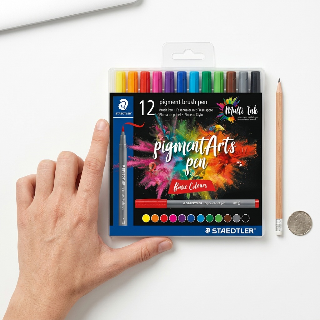 A clean and colorful frontal photograph of the 12 STAEDTLER Pigment Arts Brush Basic Colors pens in their original packaging, featuring a selection of popular standard colors and brush tips.
