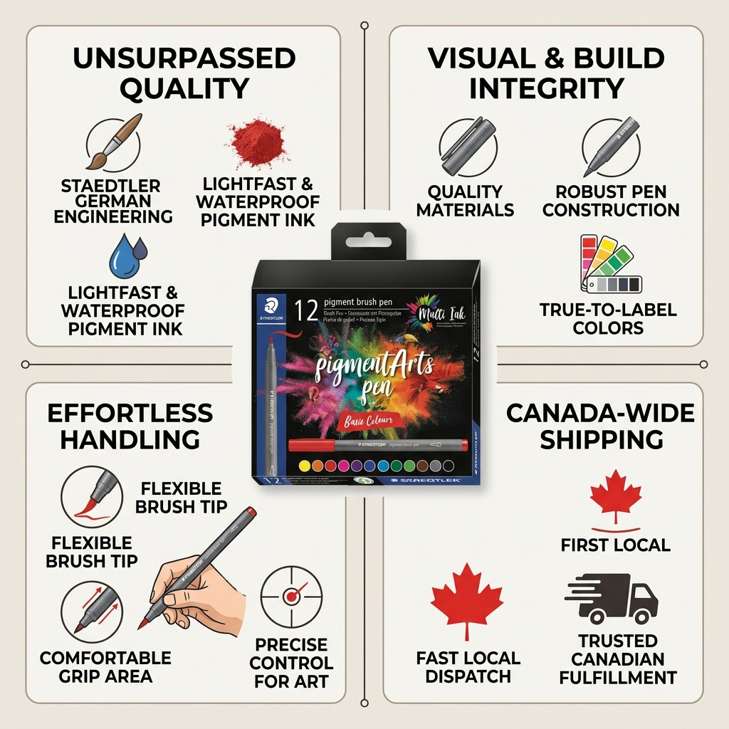 STAEDTLER Pigment Arts Brush – Lot de couleurs de base, réf. 371-C12-1-10-35 — présentation des caractéristiques