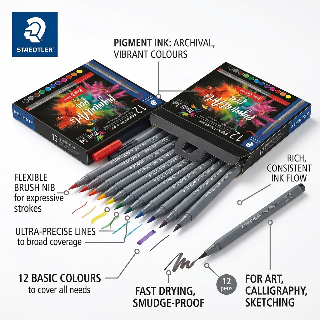 STAEDTLER Pigment Arts Brush – Lot de couleurs de base, réf. 371-C12-1-10-35 — présentation des caractéristiques