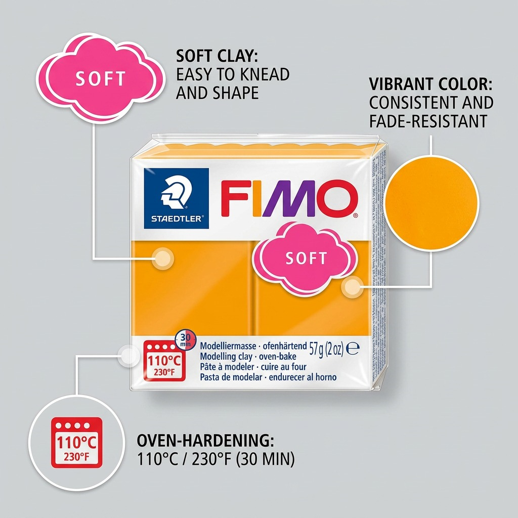 High-resolution hero shot of STAEDTLER Fimo Soft Mango Caramel modeling clay block on white.