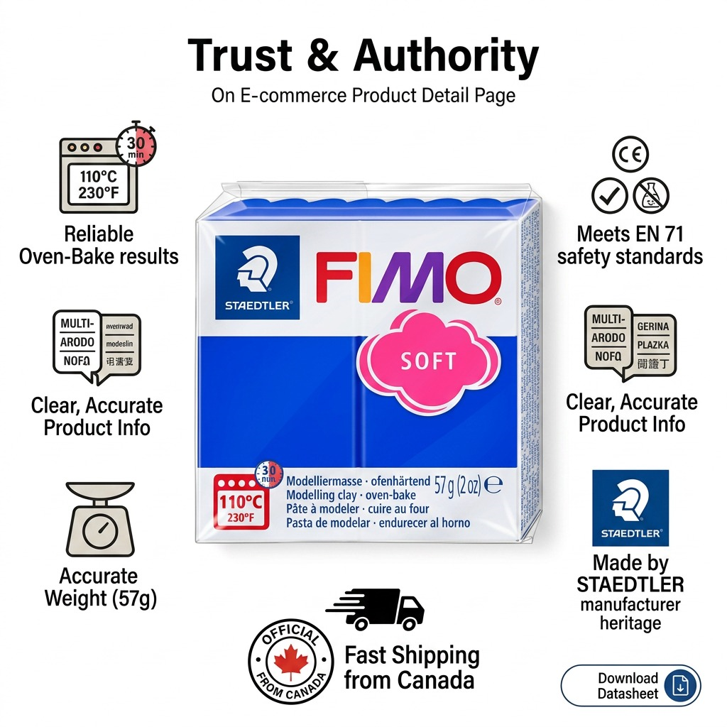 FIMO Soft – Pâte bleu brillant 57 g, réf. 8020-33 — caractéristiques illustrées