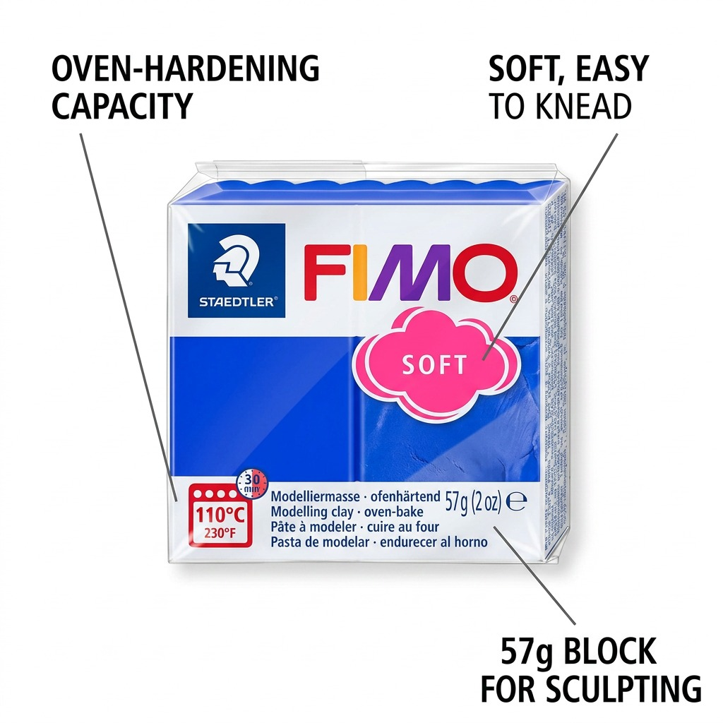 FIMO Soft – Pâte bleu brillant 57 g, réf. 8020-33 — caractéristiques illustrées