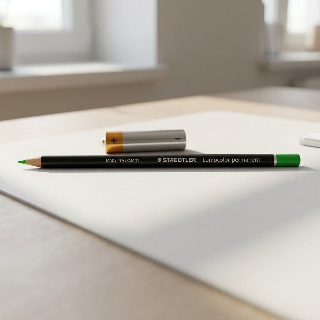 Hero shot of a single green STAEDTLER Lumocolor permanent glasochrom waterproof dry marker, viewed horizontally on a white background.