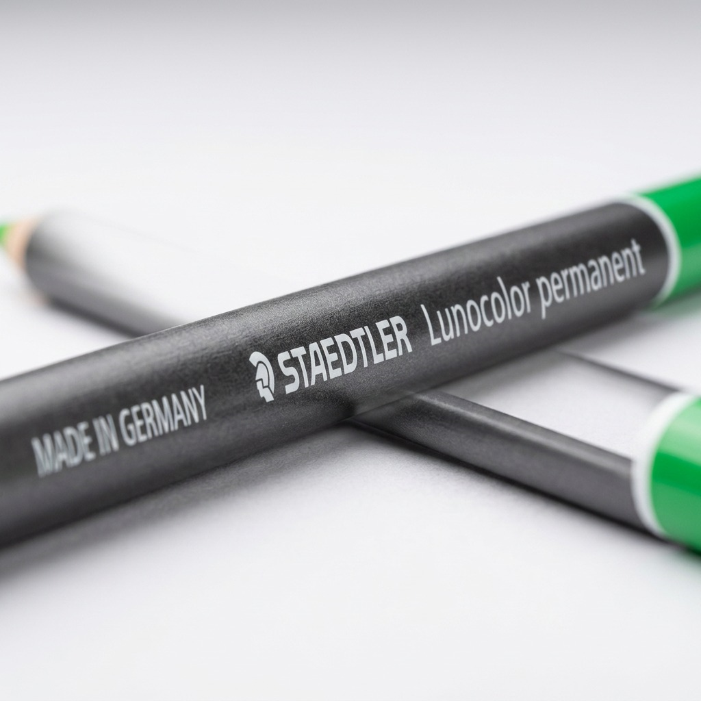 STAEDTLER Lumocolor glasochrom – Marqueur sec permanent vert, réf. 108-20-5 — gros plan des détails