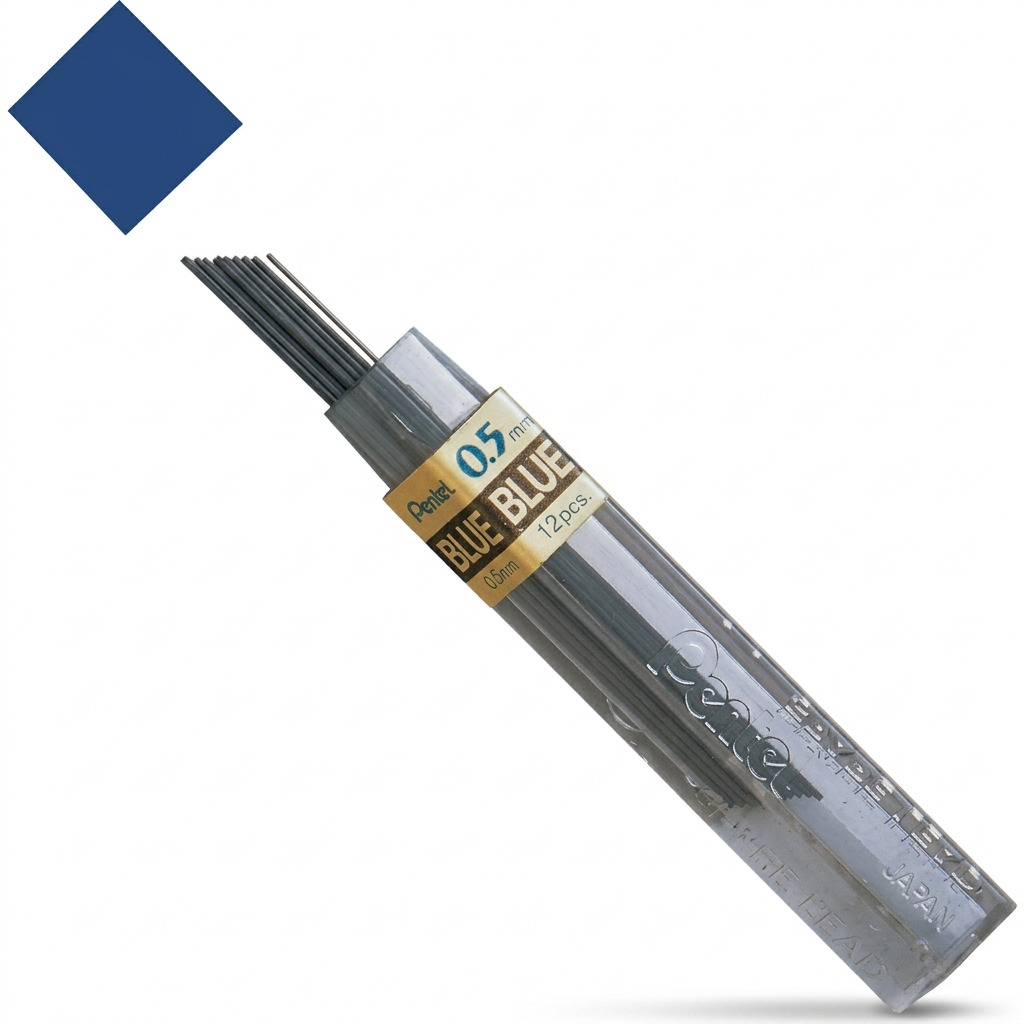Premium high-resolution hero shot of a single tube of Pentel 0.5mm blue mechanical pencil refill leads.