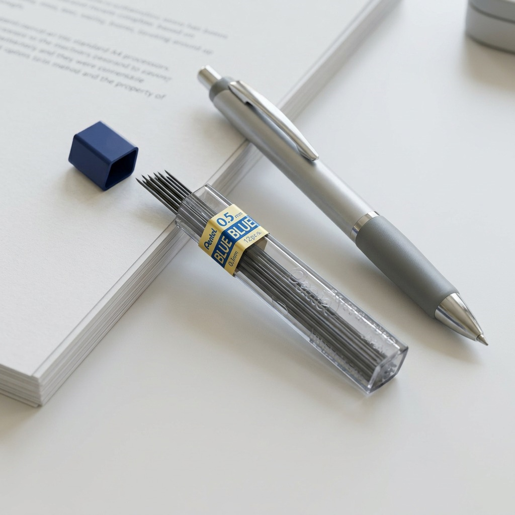 Premium high-resolution hero shot of a single tube of Pentel 0.5mm blue mechanical pencil refill leads.