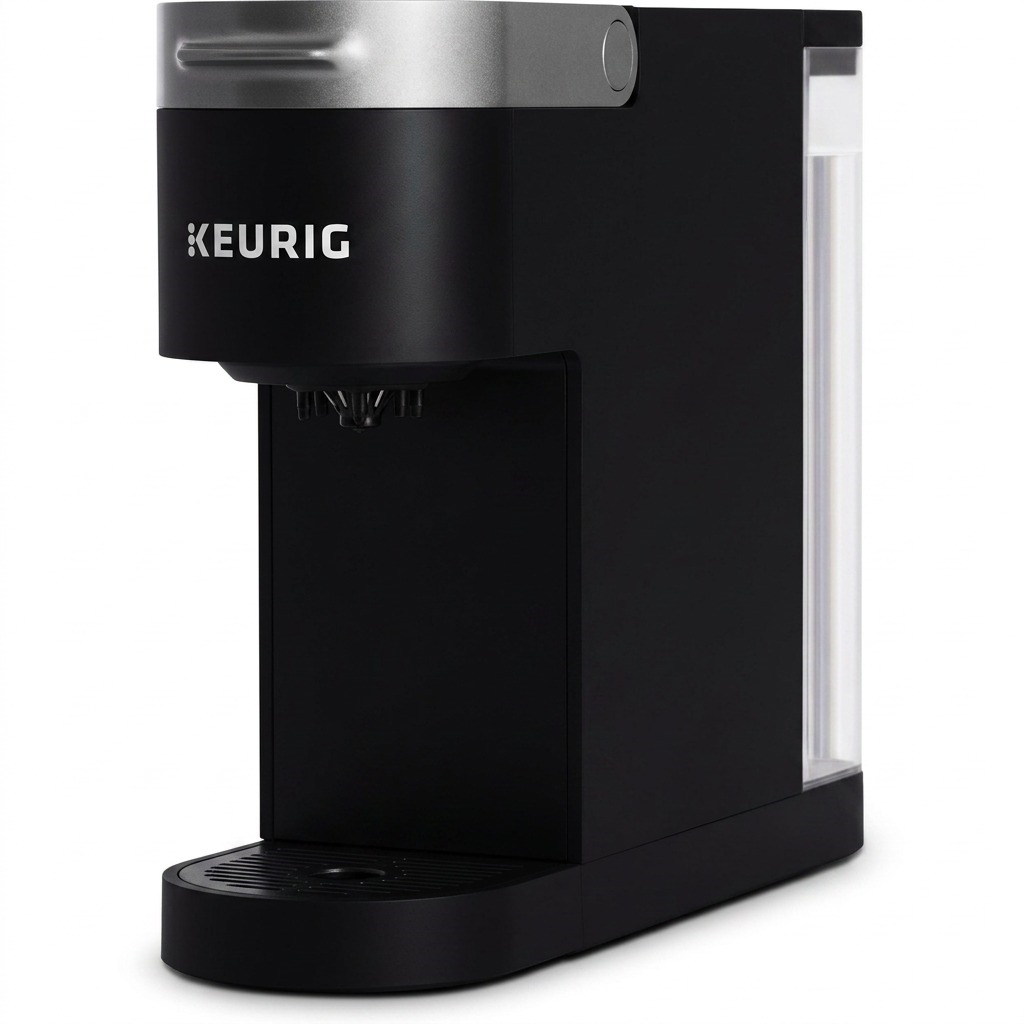 High-resolution hero shot of the Keurig K-Slim coffee maker, black with silver trim.