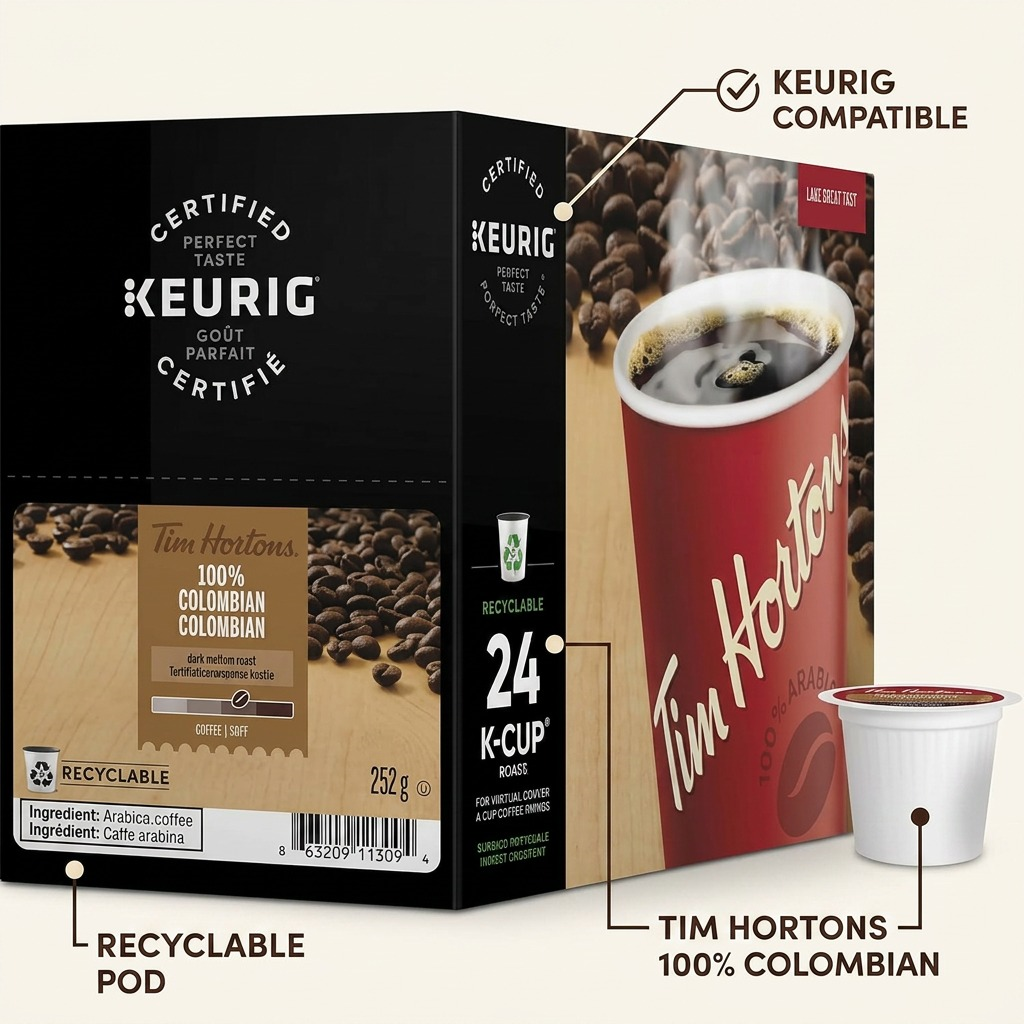 A crisp white background showcases a black 24-count box of Tim Hortons Colombian K-Cup coffee.