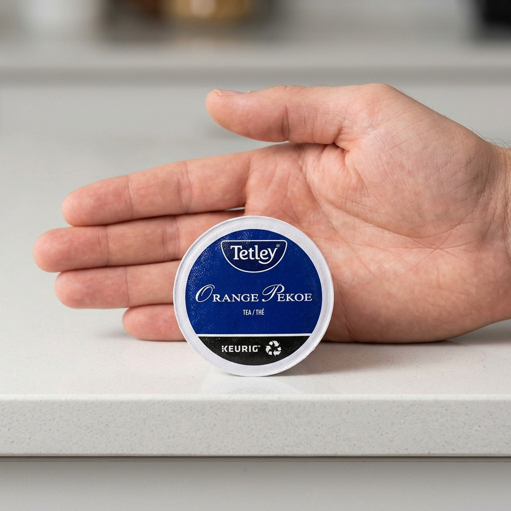 A high-resolution, centered photograph of a single Tetley Orange Pekoe K-Cup pod.