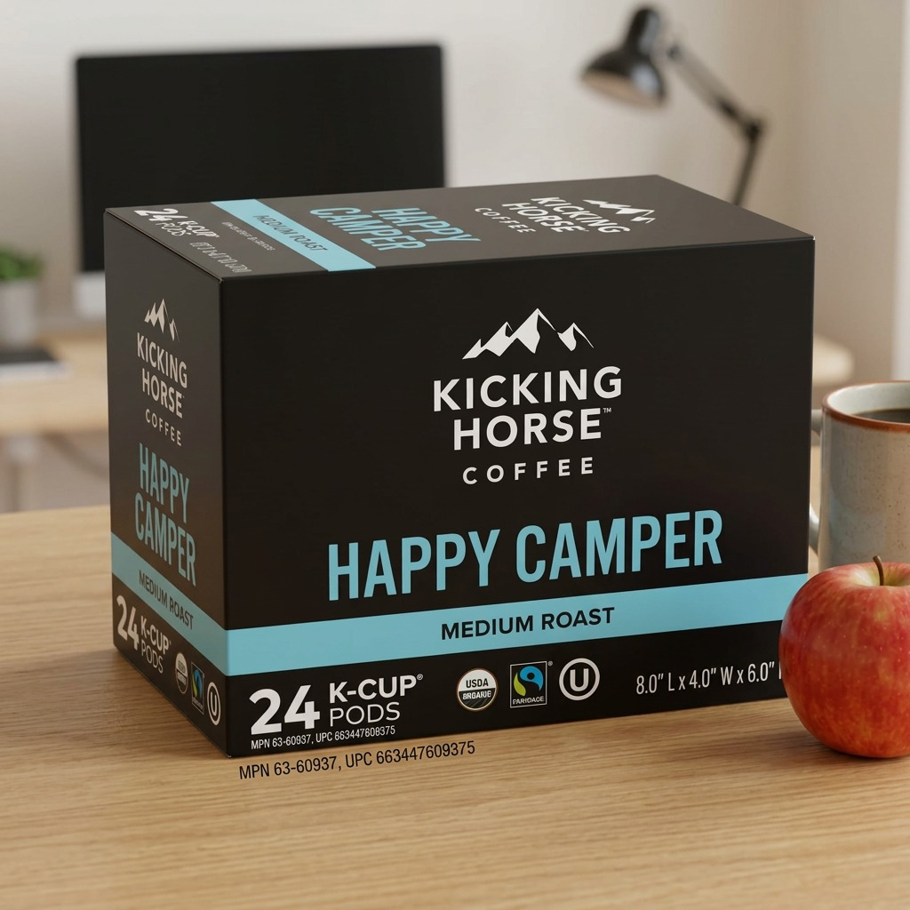 High-resolution hero shot of the Kicking Horse Coffee Happy Camper 24-count K-Cup Pod box.