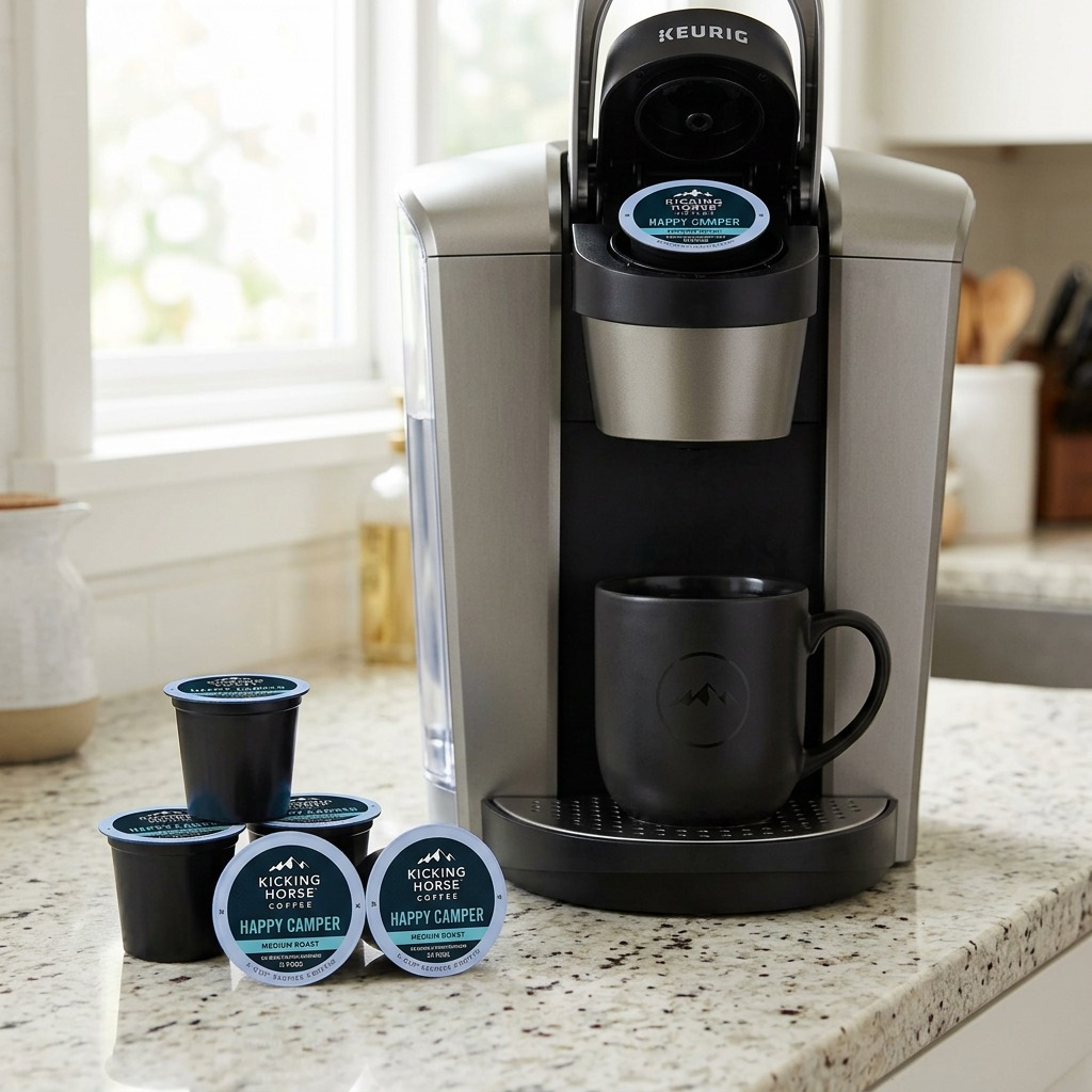 Kicking Horse Coffee Happy Camper – Café, biologique, équitable, 24 capsules K-Cup (63-60937) — gros plan des détails, réf. 63-60937