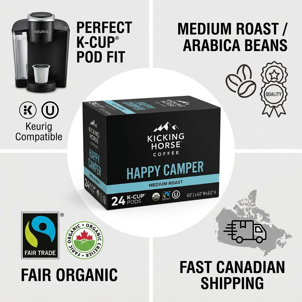 Kicking Horse Coffee Happy Camper – Café, biologique, équitable, 24 capsules K-Cup (63-60937) — illustration des caractéristiques, réf. 63-60937