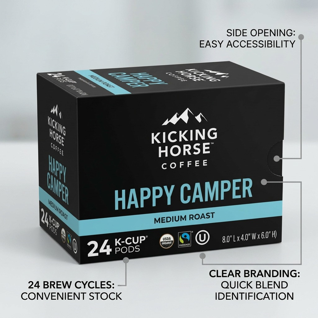 Kicking Horse Coffee Happy Camper – Café, biologique, équitable, 24 capsules K-Cup (63-60937) — illustration des caractéristiques, réf. 63-60937