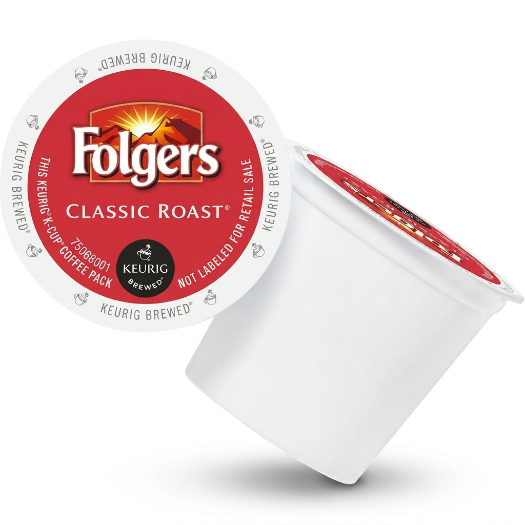 Hero shot of two Folgers Classic Roast Keurig K-Cup pods, displaying the top and side, on white.