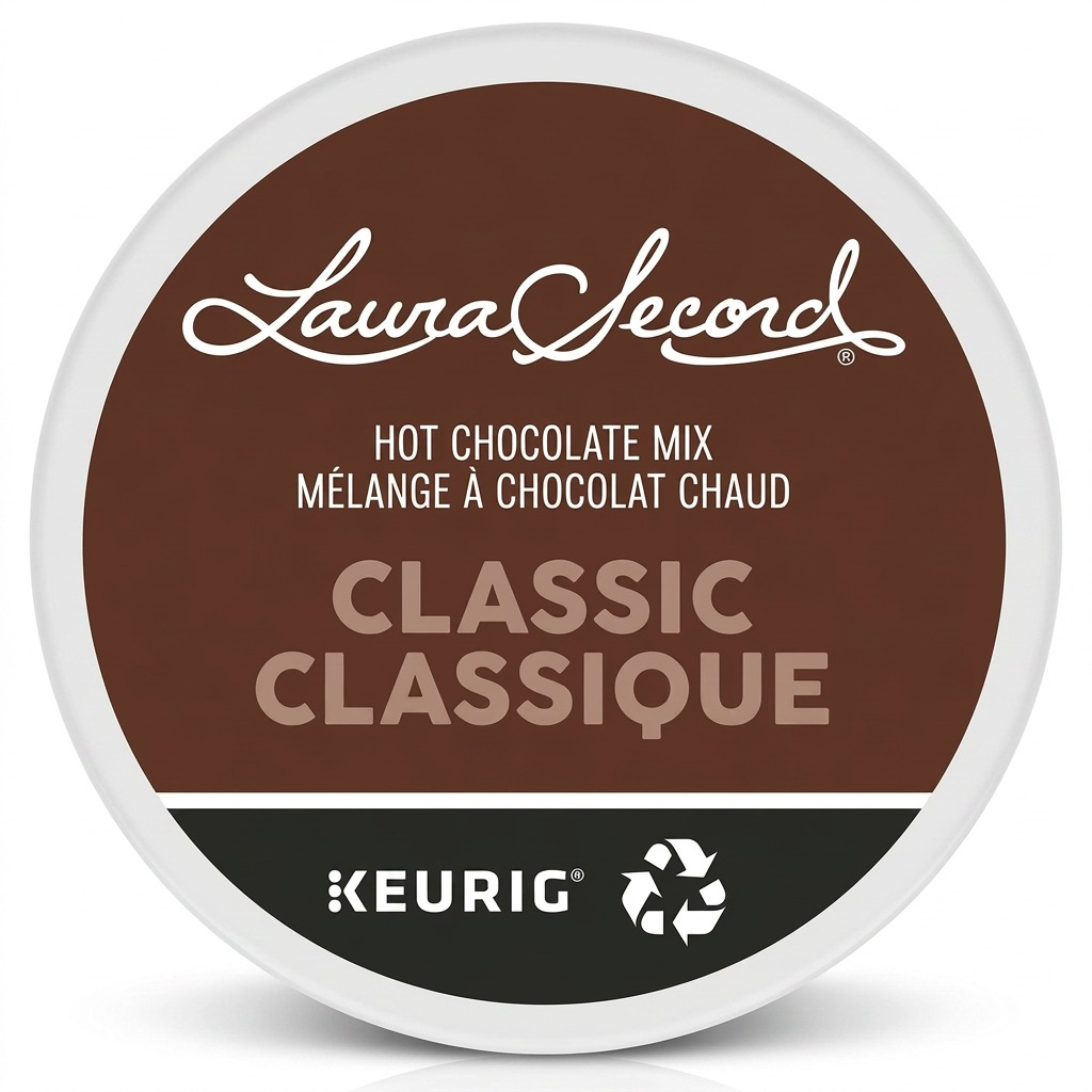 A precise hero shot of the Laura Secord Hot Chocolate K-Cup, showcasing its label and classic flavour.