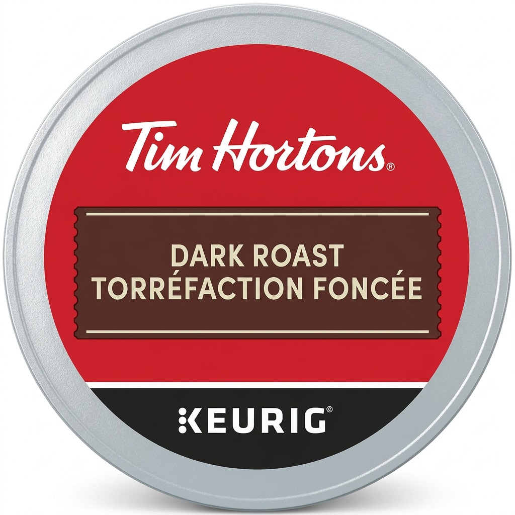 A precise hero shot of the Tim Hortons Dark Roast K-Cup against a pure white background.