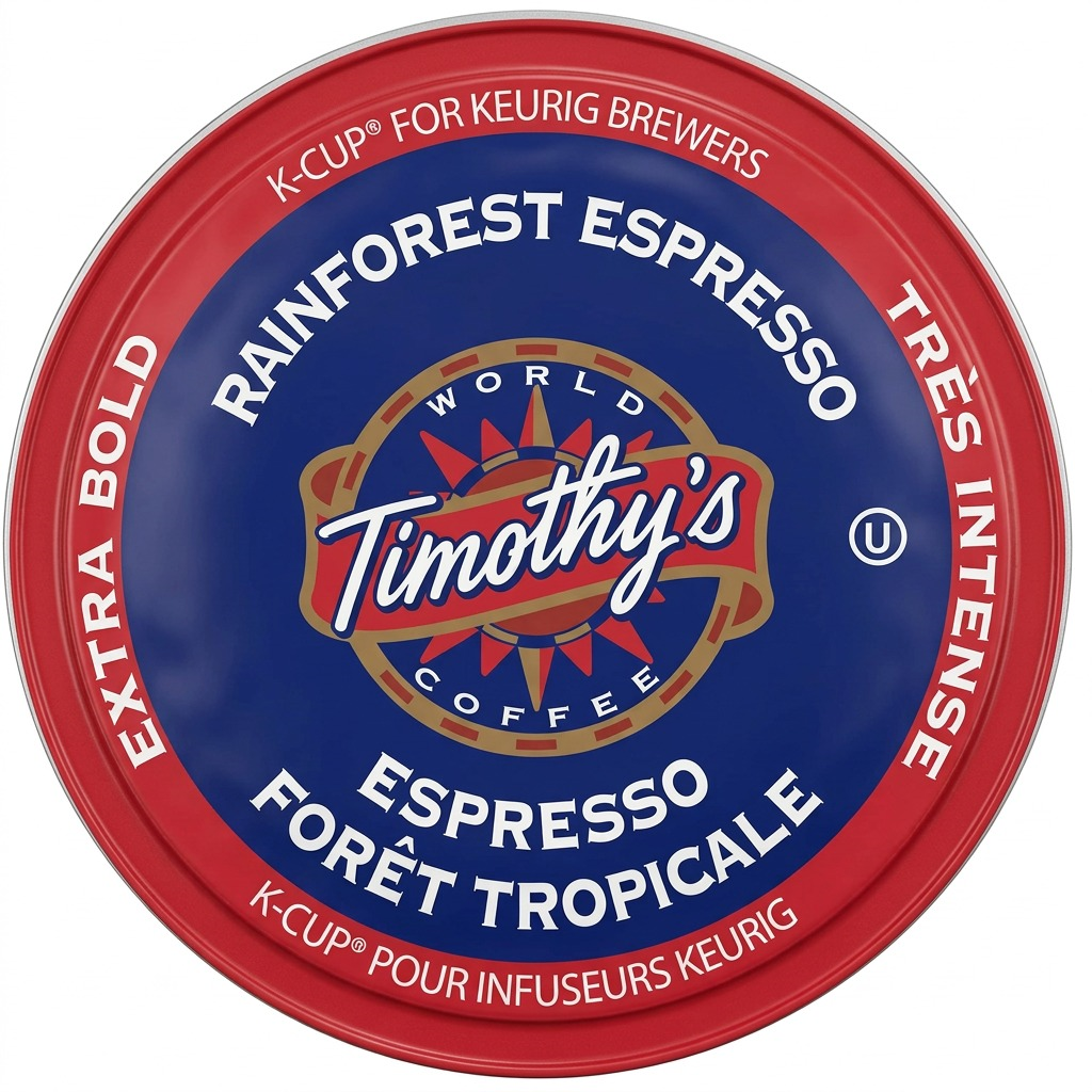 A high-resolution, centered view of a Timothy's Rainforest Espresso K-Cup against a pure white background.