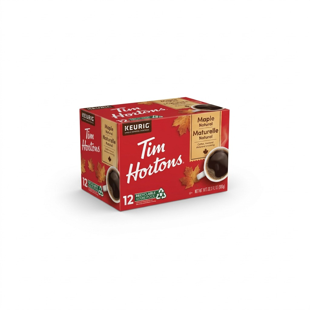 High-resolution 3/4 view product shot of the red and tan Tim Hortons Maple Natural Keurig coffee 12-count box.