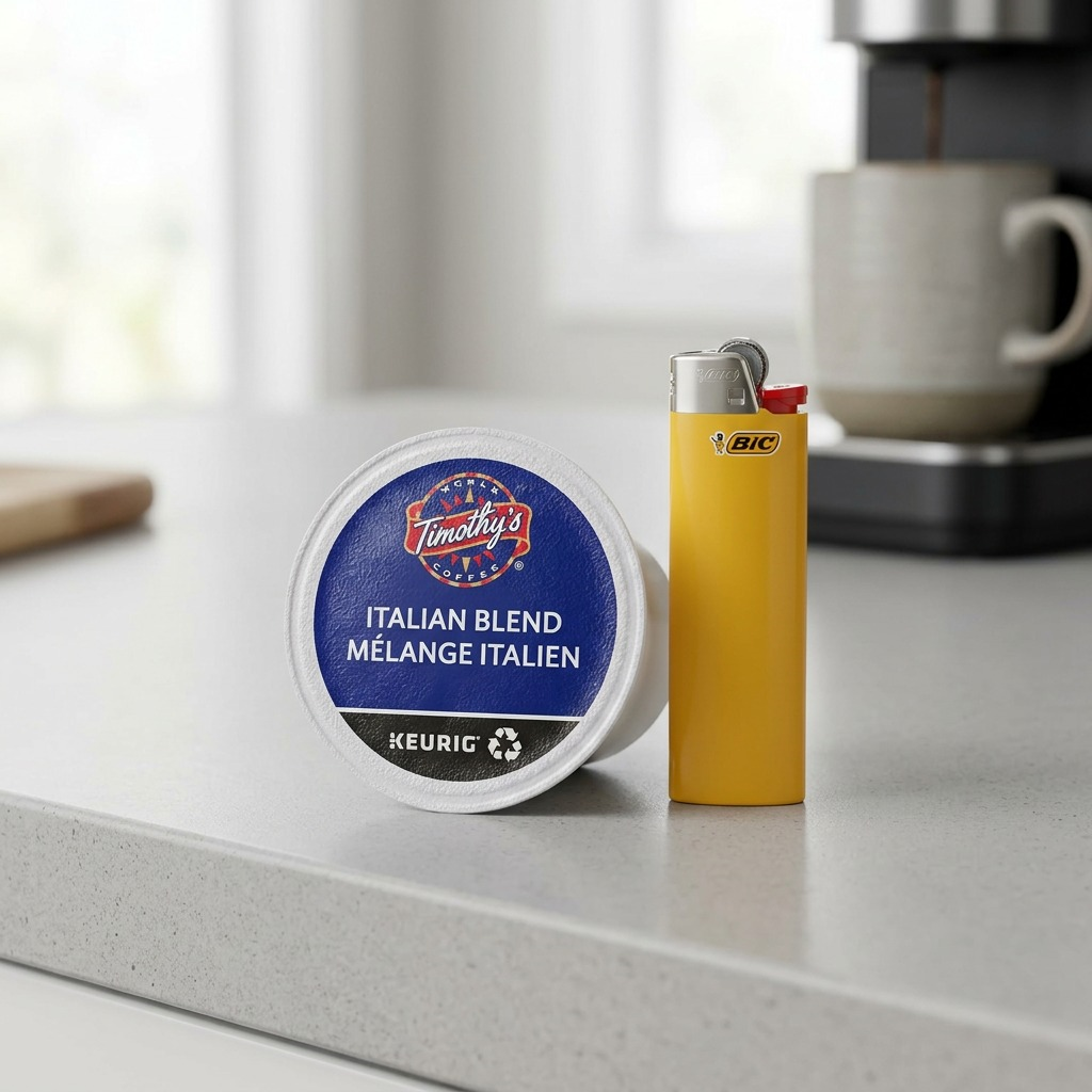 Pure ecommerce hero shot of Timothy's Italian Blend coffee K-Cup pod with sharp detail and a clean white background.