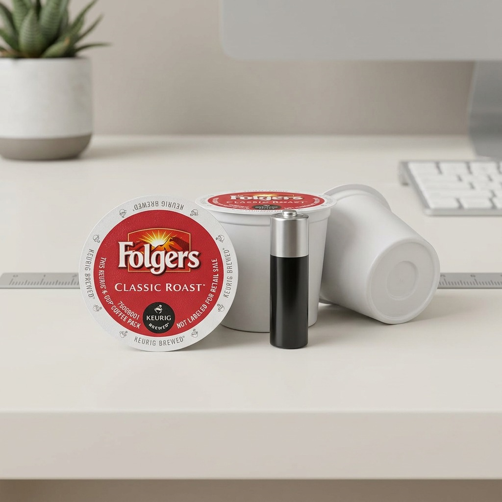 Hero shot of two Folgers Classic Roast Keurig K-Cup pods, displaying the top and side, on white.
