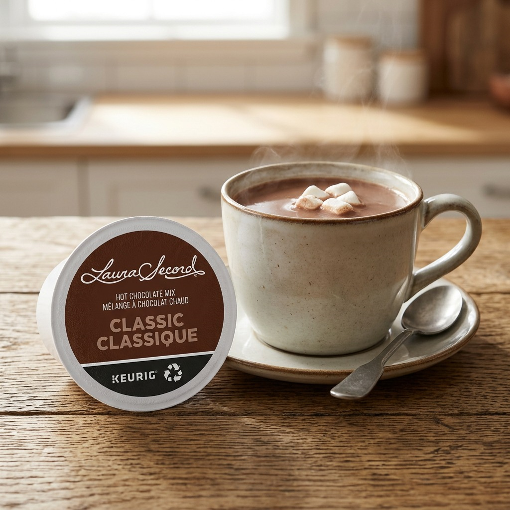Laura Secord – Chocolat chaud, 24 capsules K-Cup (77-21917) — gros plan des détails, réf. 77-21917