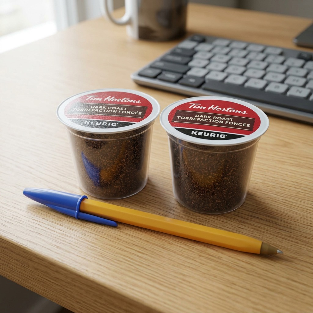 A precise hero shot of the Tim Hortons Dark Roast K-Cup against a pure white background.
