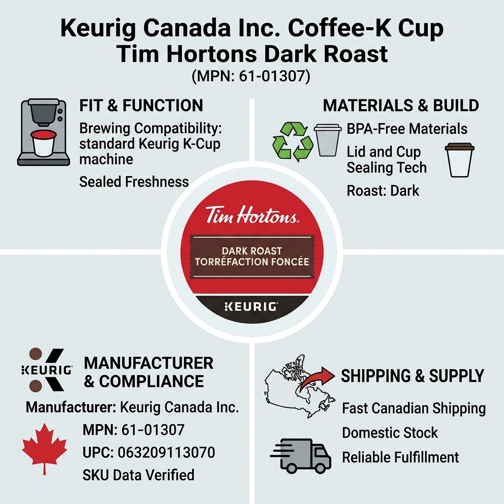 Tim Hortons Dark Roast – Café, torréfaction foncée, 24 capsules K-Cup (61-01307) — illustration des caractéristiques, réf. 61-01307