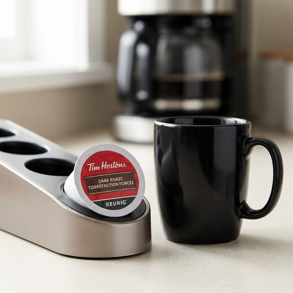 Tim Hortons Dark Roast – Café, torréfaction foncée, 24 capsules K-Cup (61-01307) — gros plan des détails, réf. 61-01307