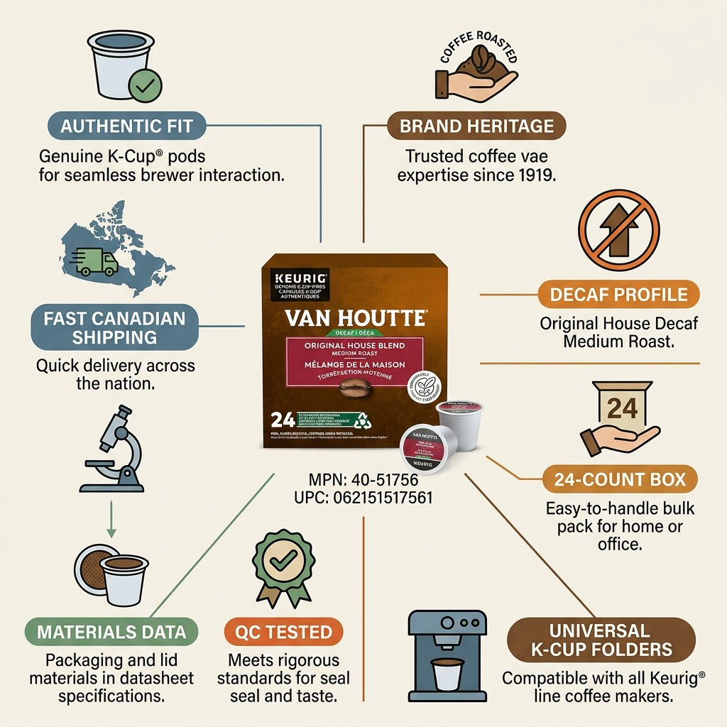 A high-resolution, centered view of the Keurig Canada Inc. COFFEE-K CUP VAN HOUTTE ORIGINAL HOUSE DECAF 24/BX retail box and K-Cup pods, set against a seamless white background.