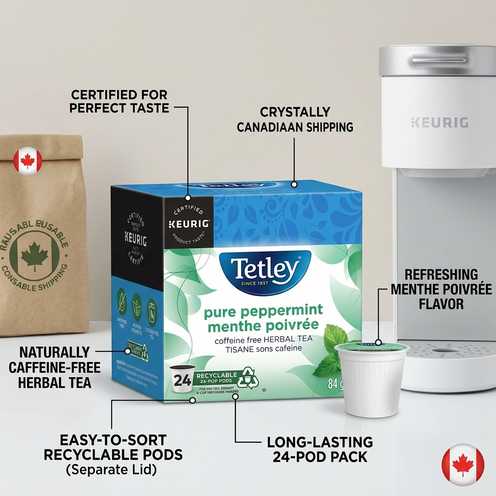 Tetley Pure Peppermint – Tisane à la menthe poivrée, 24 capsules K-Cup (81-12817) — illustration des caractéristiques, réf. 81-12817