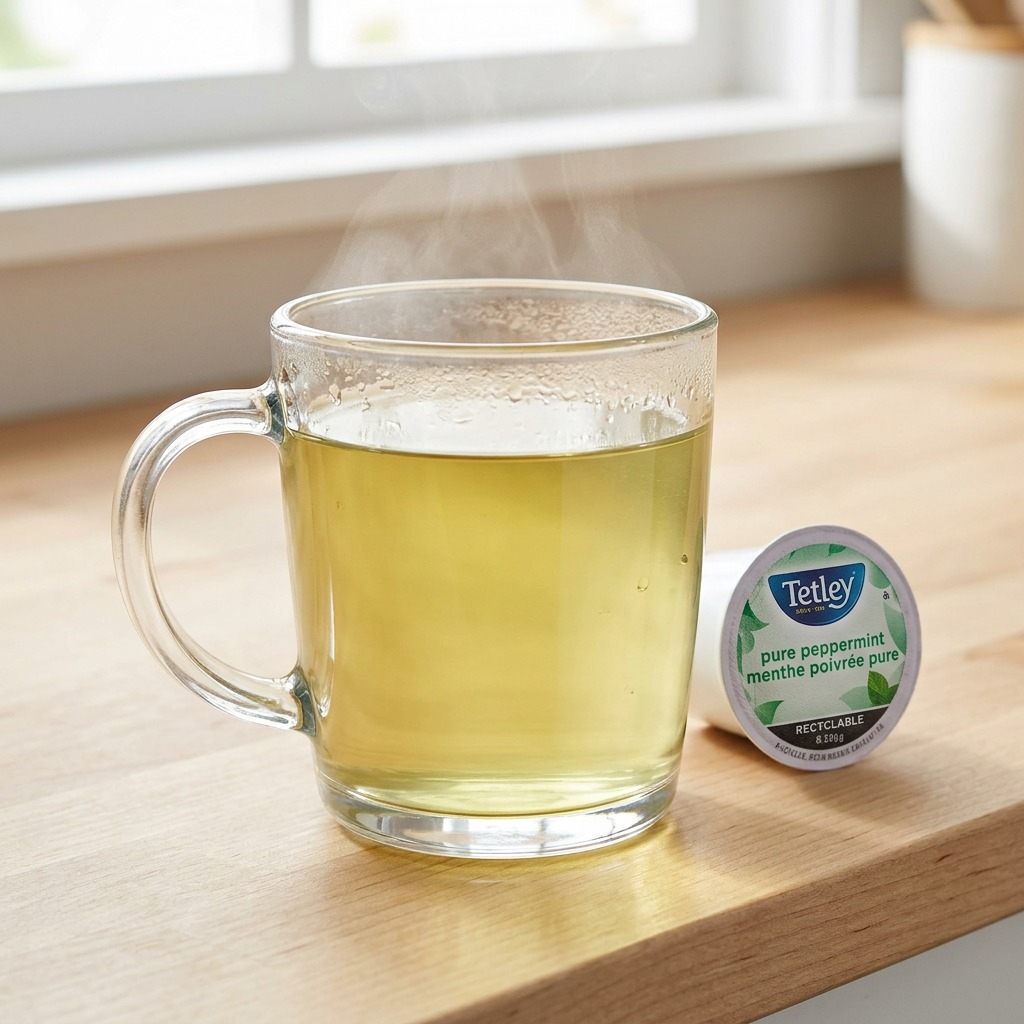 Tetley Pure Peppermint – Tisane à la menthe poivrée, 24 capsules K-Cup (81-12817) — présentation en situation, réf. 81-12817
