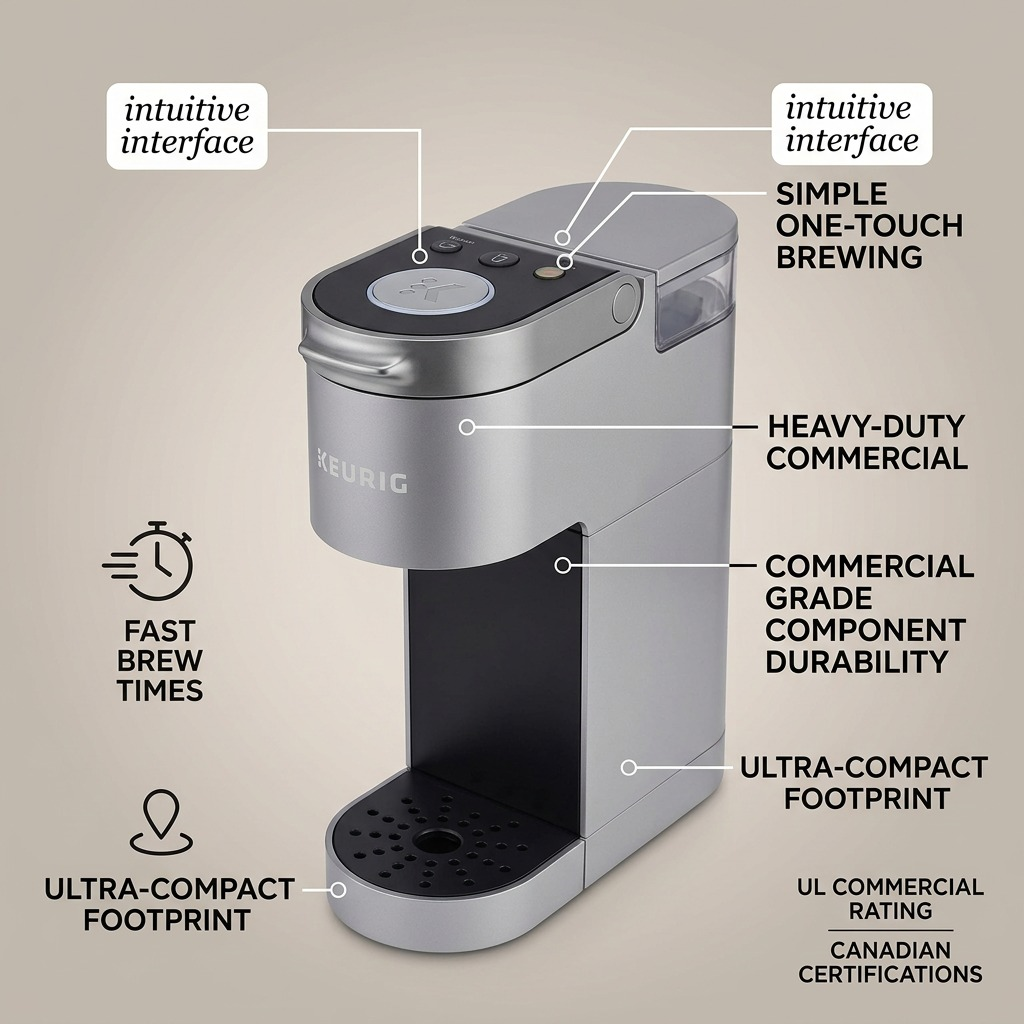 Keurig K-Suite Gen 2 – Cafetière commerciale compacte pour chambre d’hôtel (50-38139) — illustration des caractéristiques, réf. 50-38139