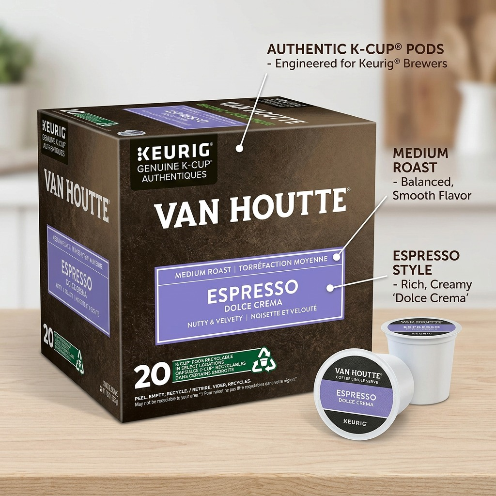 Van Houtte Dolce Crema – Café biologique et équitable, 20 capsules K-Cup (80-51746) — illustration des caractéristiques, réf. 80-51746