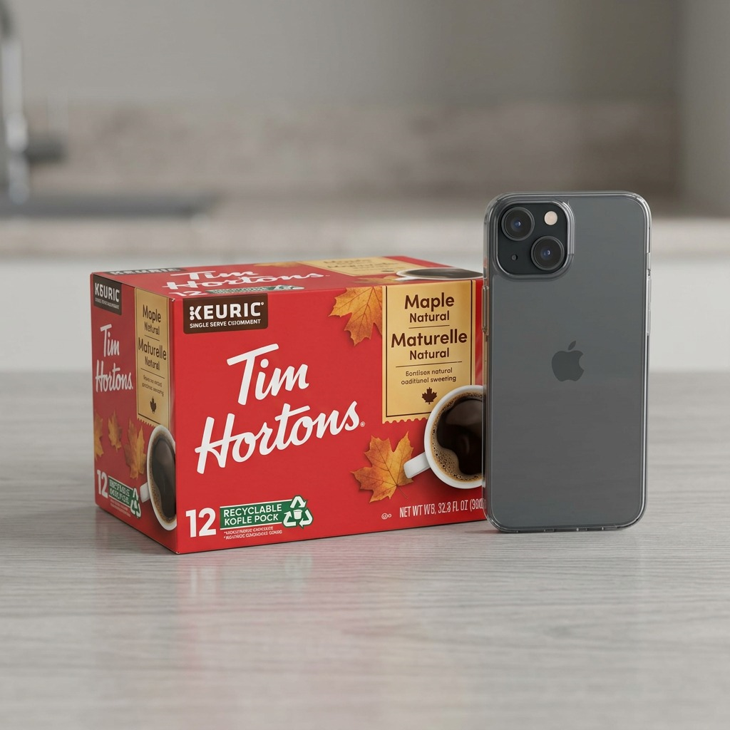 High-resolution 3/4 view product shot of the red and tan Tim Hortons Maple Natural Keurig coffee 12-count box.