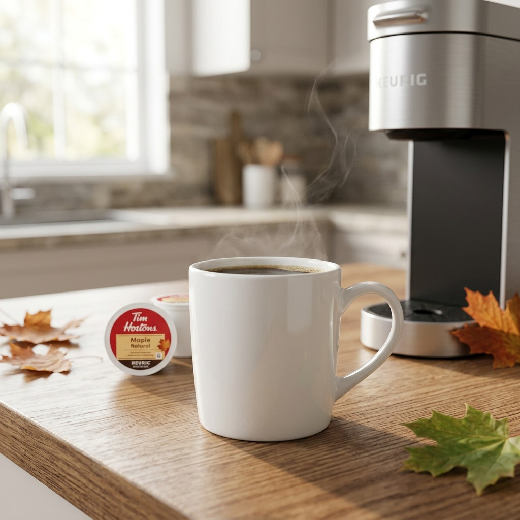 Tim Hortons Maple – Café aromatisé à l’érable, 12 capsules K-Cup (61-16482) — gros plan des détails, réf. 61-16482