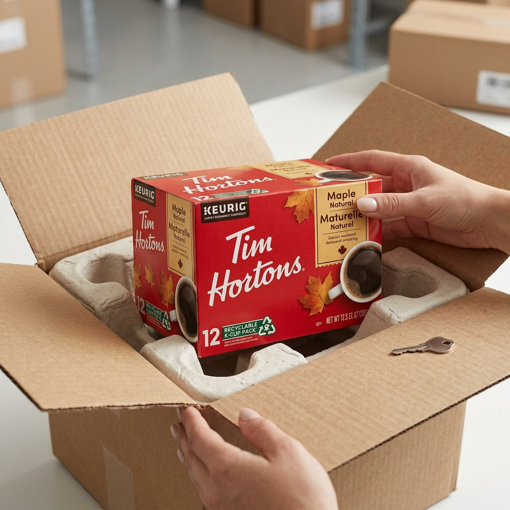 Tim Hortons Maple – Café aromatisé à l’érable, 12 capsules K-Cup (61-16482) — vue de l’emballage, réf. 61-16482