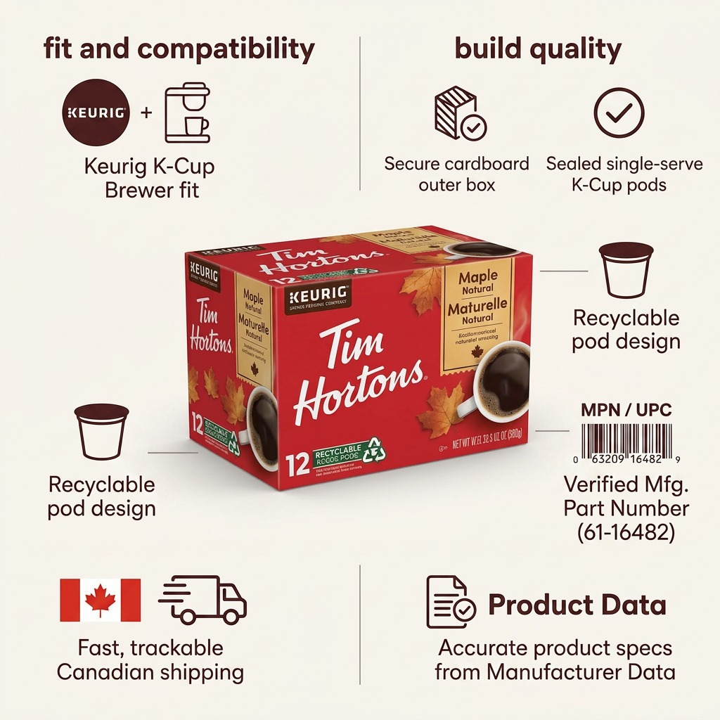 Tim Hortons Maple – Café aromatisé à l’érable, 12 capsules K-Cup (61-16482) — gros plan des détails, réf. 61-16482