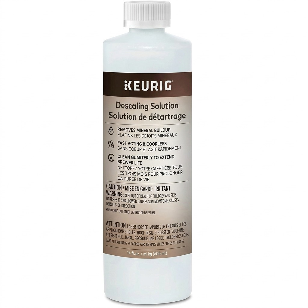 A high-resolution, centered view of the Keurig 414ml Descaling Solution bottle on a clean white background.