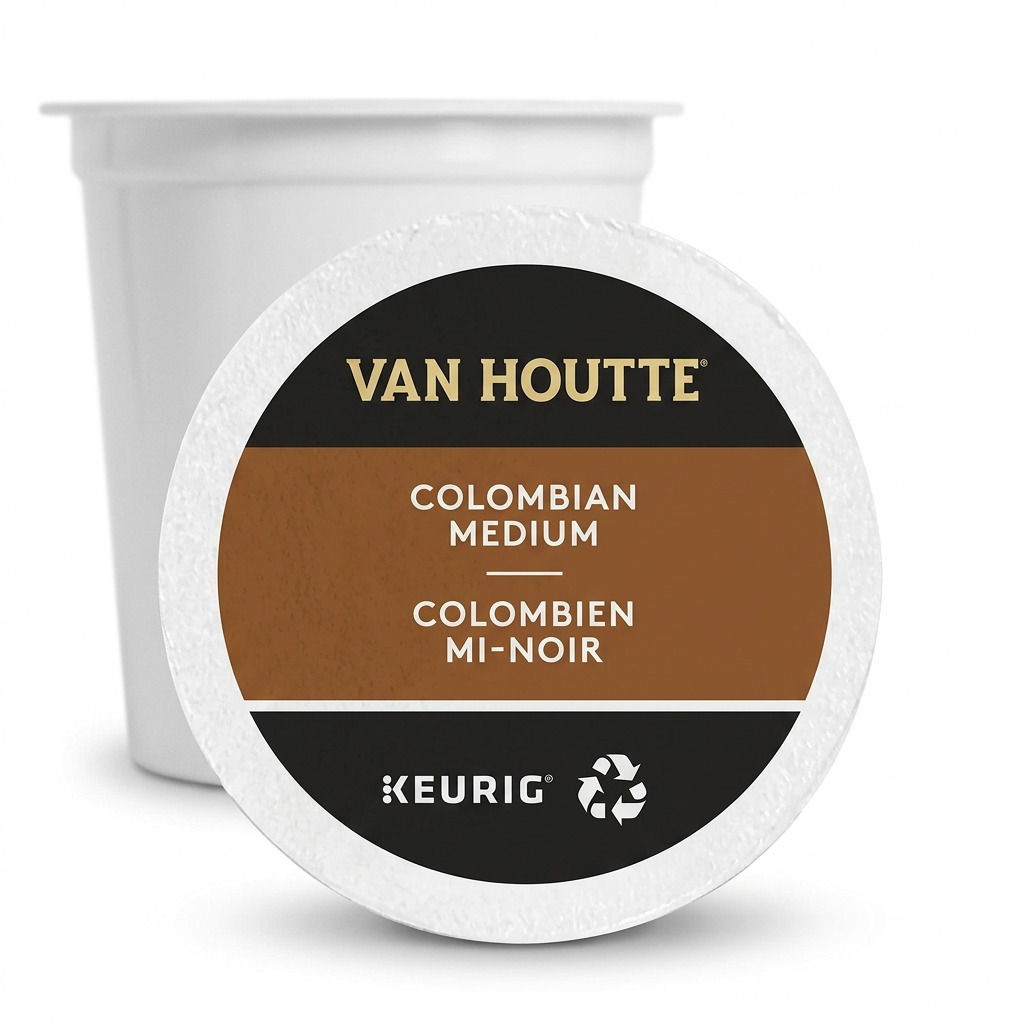A high-resolution ecommerce hero shot of a Van Houtte Colombian Medium K-Cup coffee pod on a pure white background.