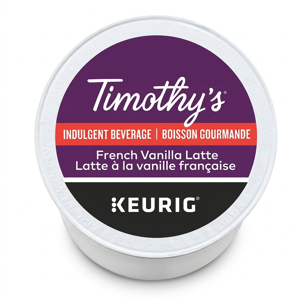 Timothy’s French Vanilla Latte – Boisson de type latte à la vanille, 24 capsules K-Cup (77-06017) — gros plan des détails, réf. 77-06017