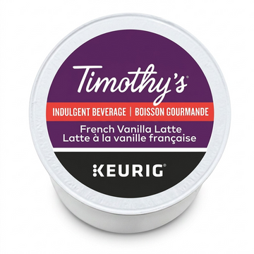 Timothy’s French Vanilla Latte – Boisson de type latte à la vanille, 24 capsules K-Cup (77-06017) — gros plan des détails, réf. 77-06017