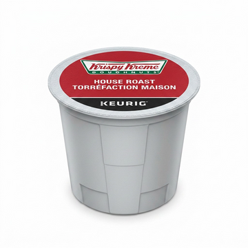 High-resolution hero shot of a single Krispy Kreme House Roast K-Cup against a white background.