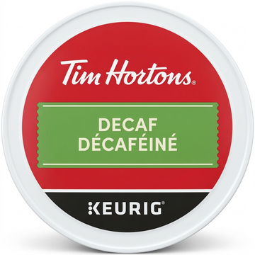 A high-resolution, centered image of a Tim Hortons Decaf Keurig K-Cup, exactly matching the canonical visual reference, with crisp details on a clean white background.