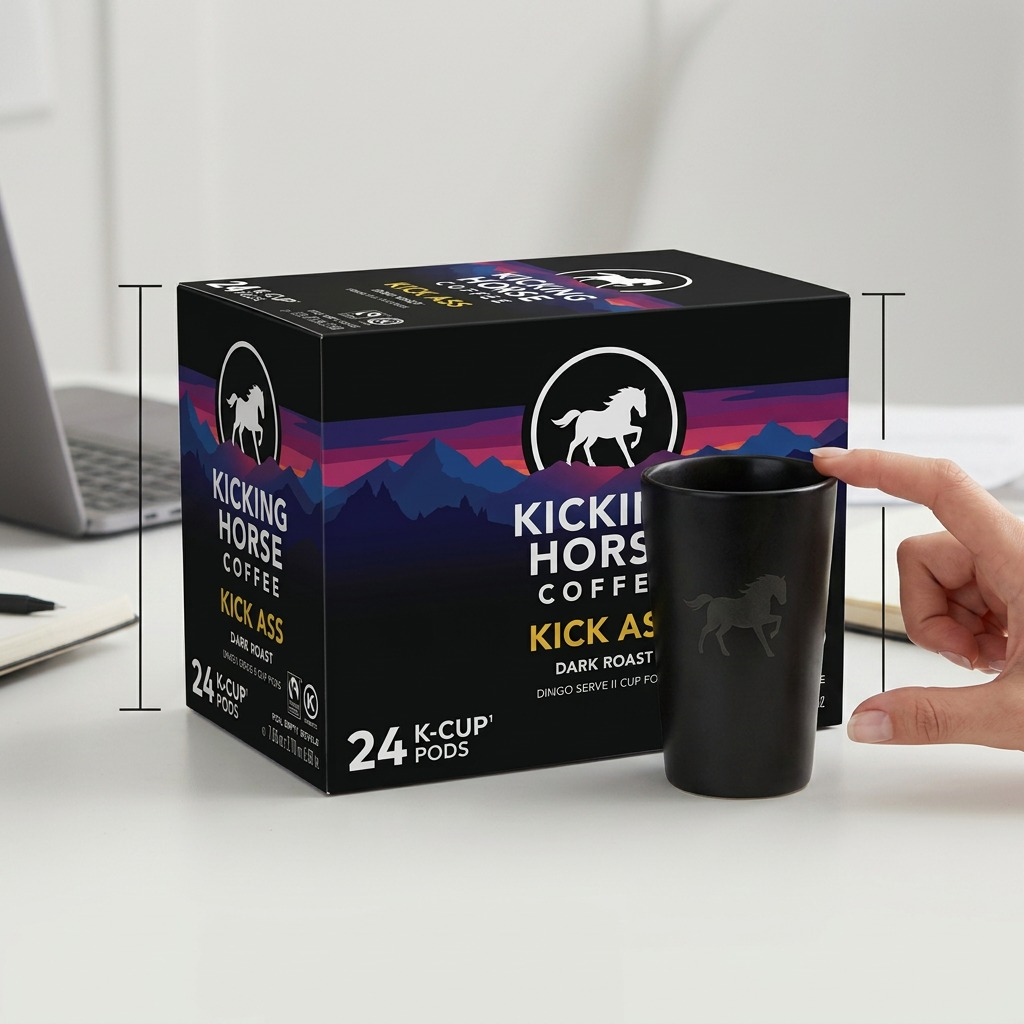 A sharp, high-resolution hero shot of the 24-count Kicking Horse Coffee Kick Ass dark roast K-Cup box.