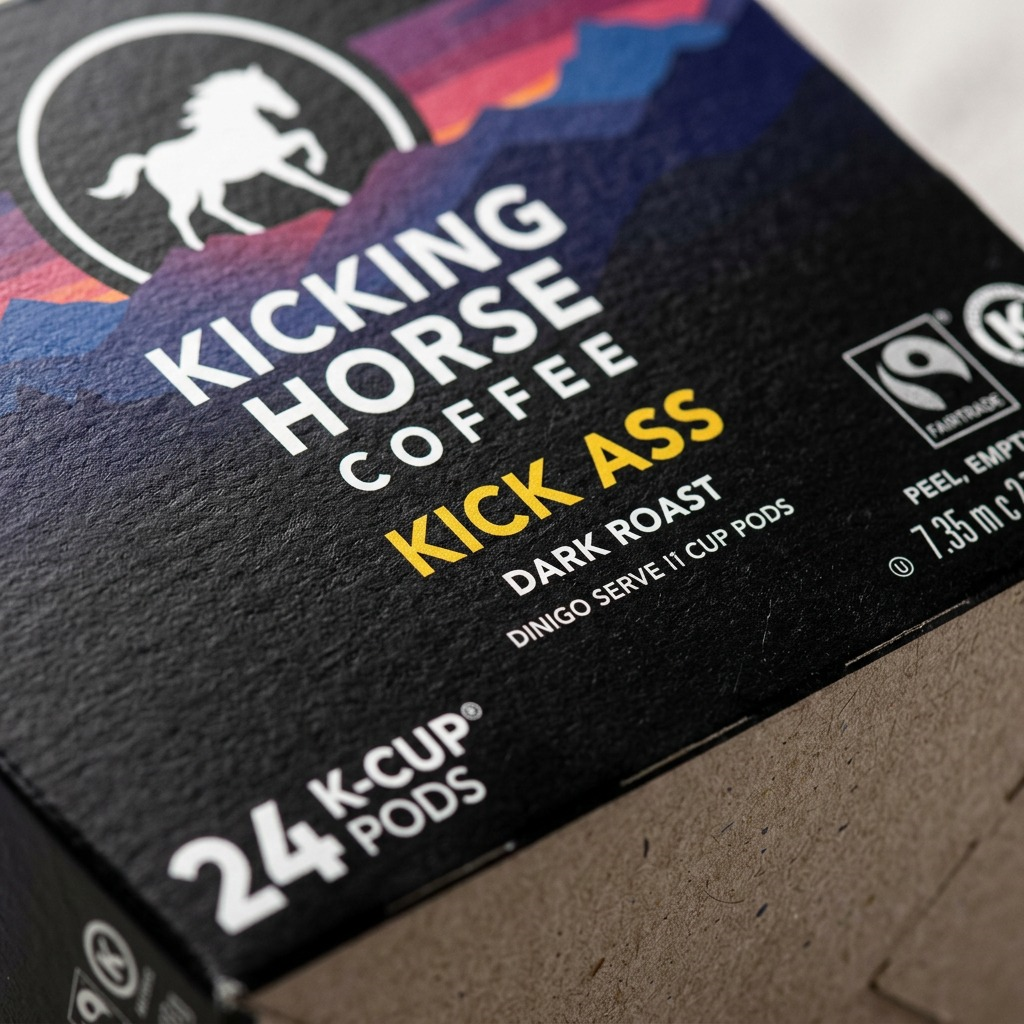 Kicking Horse Coffee Kick Ass – Café biologique et équitable, 24 capsules K-Cup (63-60938) — gros plan des détails, réf. 63-60938