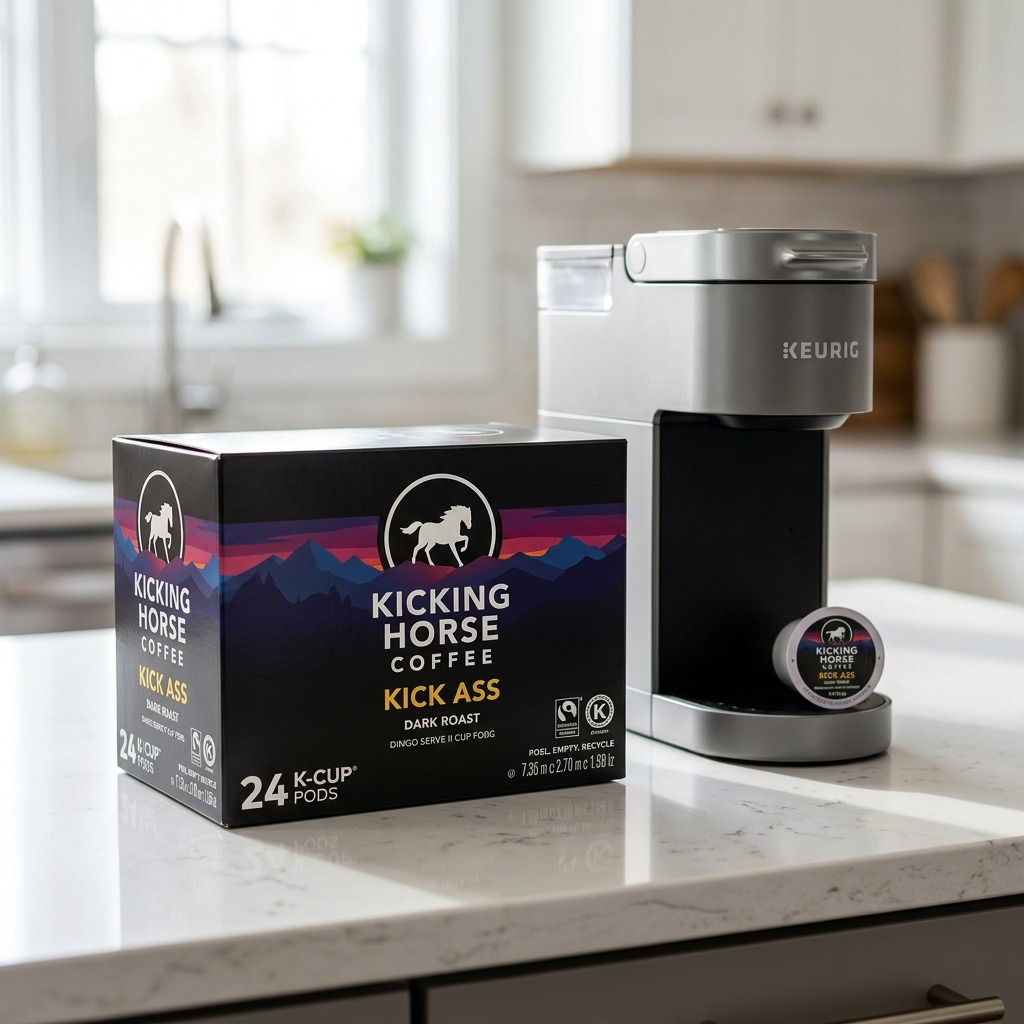 Kicking Horse Coffee Kick Ass – Café biologique et équitable, 24 capsules K-Cup (63-60938) — gros plan des détails, réf. 63-60938
