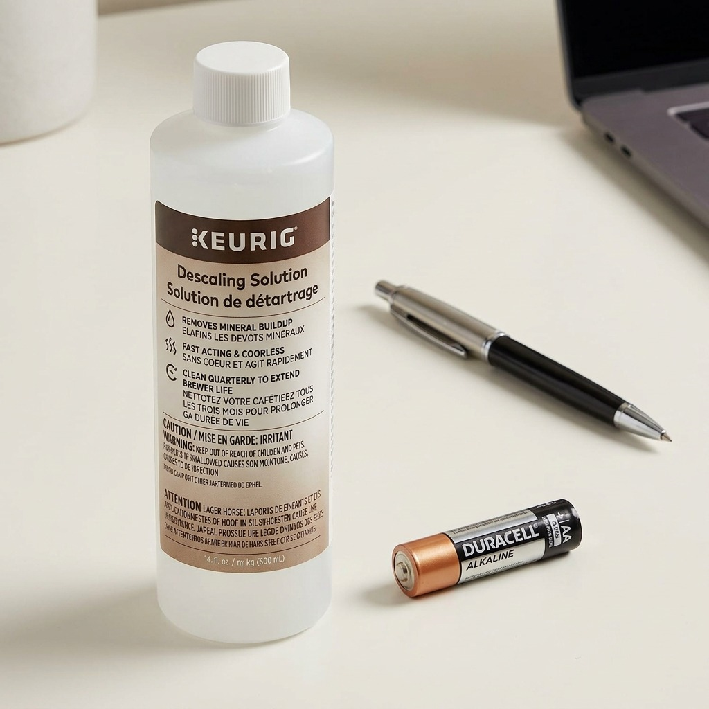A high-resolution, centered view of the Keurig 414ml Descaling Solution bottle on a clean white background.