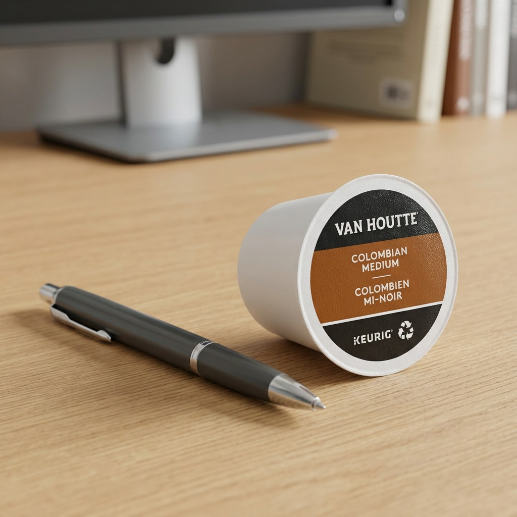 A high-resolution ecommerce hero shot of a Van Houtte Colombian Medium K-Cup coffee pod on a pure white background.