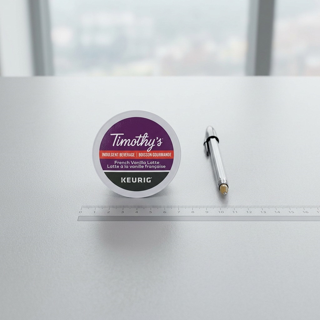 High-resolution centered product shot of Keurig Timothy's French Vanilla Latte K-Cup with sharp detail.